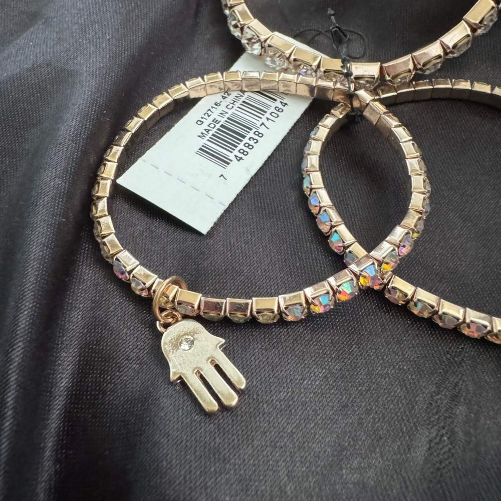 Guess Trio Rose Gold Tone Bling Stretch Bracelets w/a Hamsa & a Evil Eye Charms - Picture 5 of 6